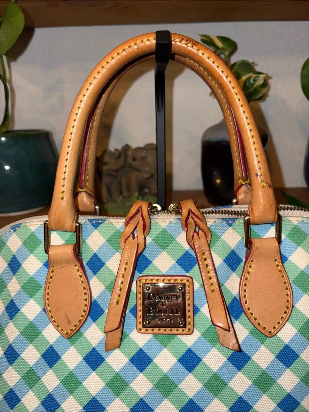 Dooney & Bourke Blue Green Gingham Coated Canvas Dome Satchel - Picture 2 of 13